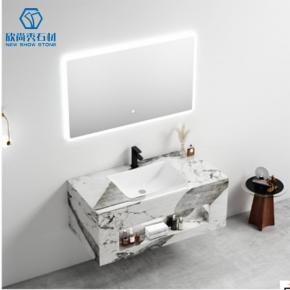 Hotel-Suitable Wall Mounted Marble Sintered Stone Bathroom Vanity Includes Porcelain Wash Basin Cabinet with Mirror