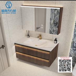 SI-02 PURE WHITE  WITH BROWN CABINET 2025 Modern western Sintered Stone Hot Bending Integrated Thermally Bent Sink Basin Combination  Bathroom Basin